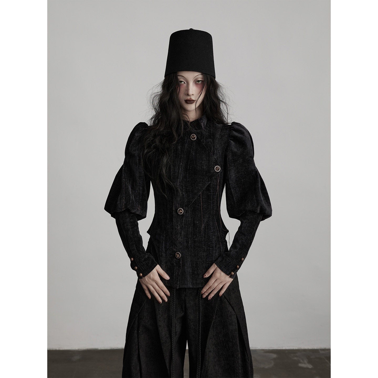 INDULGE_Stretchy_Waist_Cinch_Gothic_Loose_Fit_Button_Front_Women_Black_Cropped_Jackets_MISSTT