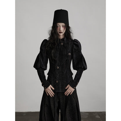 INDULGE_Stretchy_Waist_Cinch_Gothic_Loose_Fit_Button_Front_Women_Black_Cropped_Jackets_MISSTT