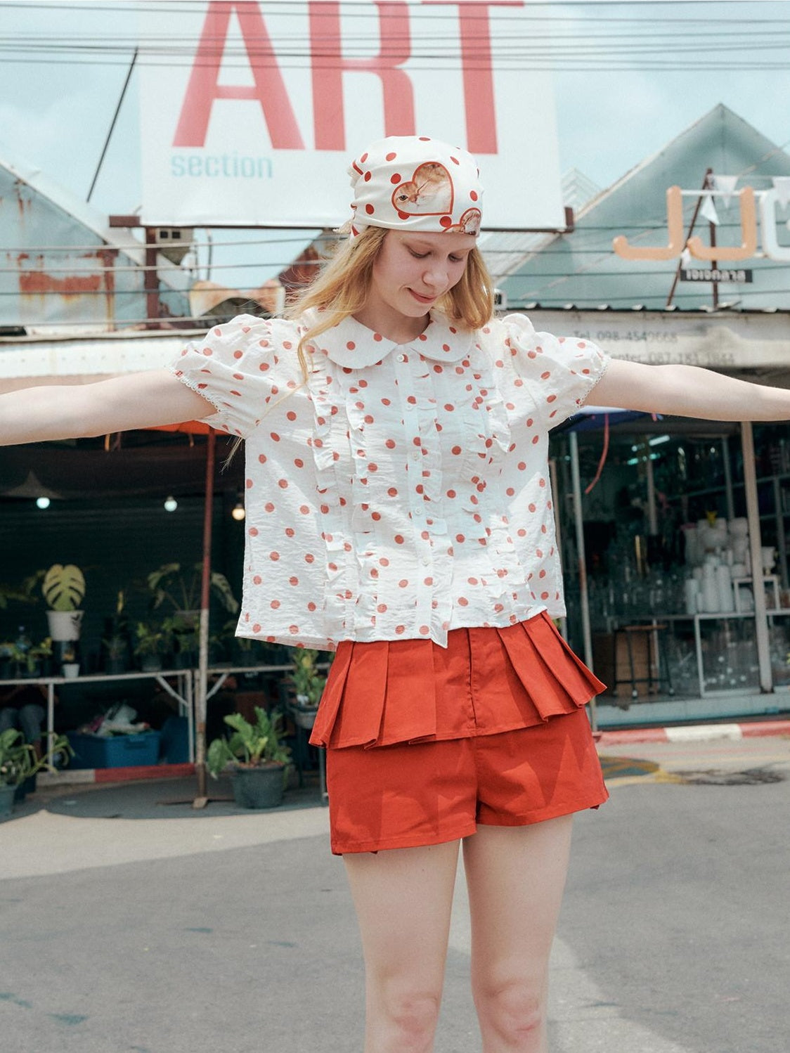 OuttheBlue Waist Cinch Ruffle Casual Puff Sleeve Doll Collar Polka Dot Women Shirts