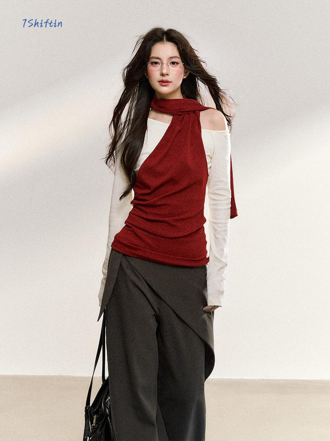 7Shiftin Sexy One Shoulder Slim Fit Women Red Brown Crop Top Long Sleeve Crop Tops