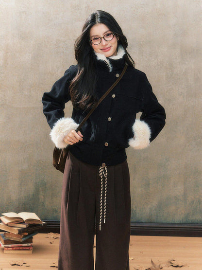 7Shiftin Original Slim Women Stand Collar Button Pocket Warm Black Fur Cropped Jackets
