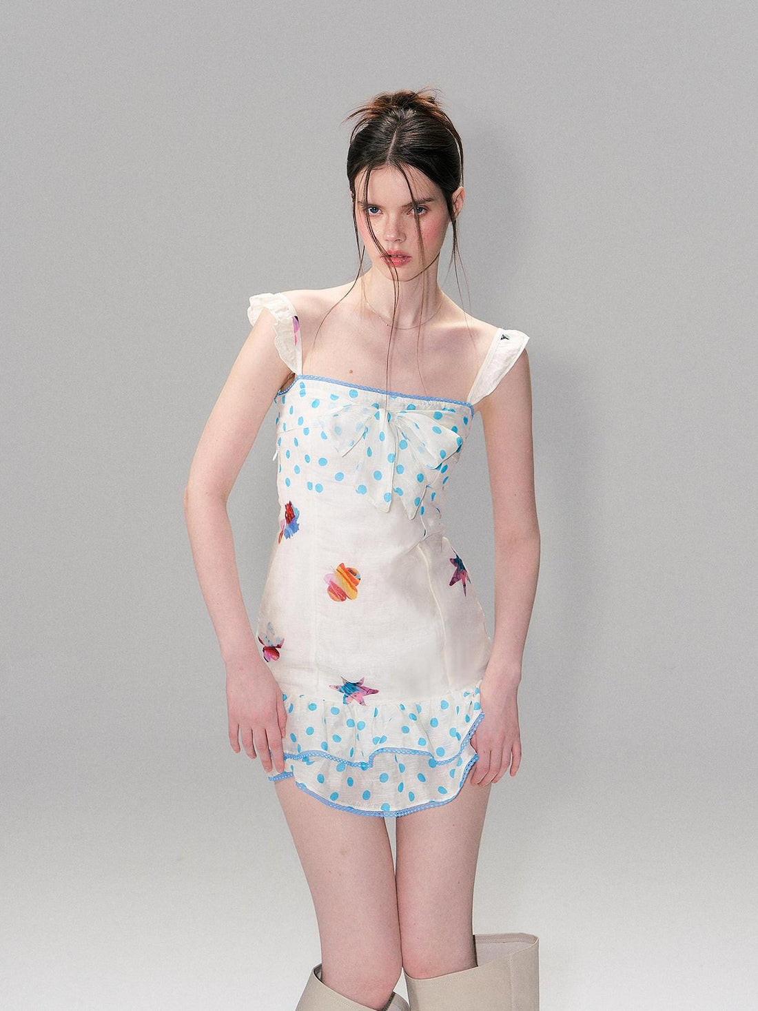 The NeverMore Linen Tie Waist Square Neck Aline Slim Ladies Printed Mini Dresses