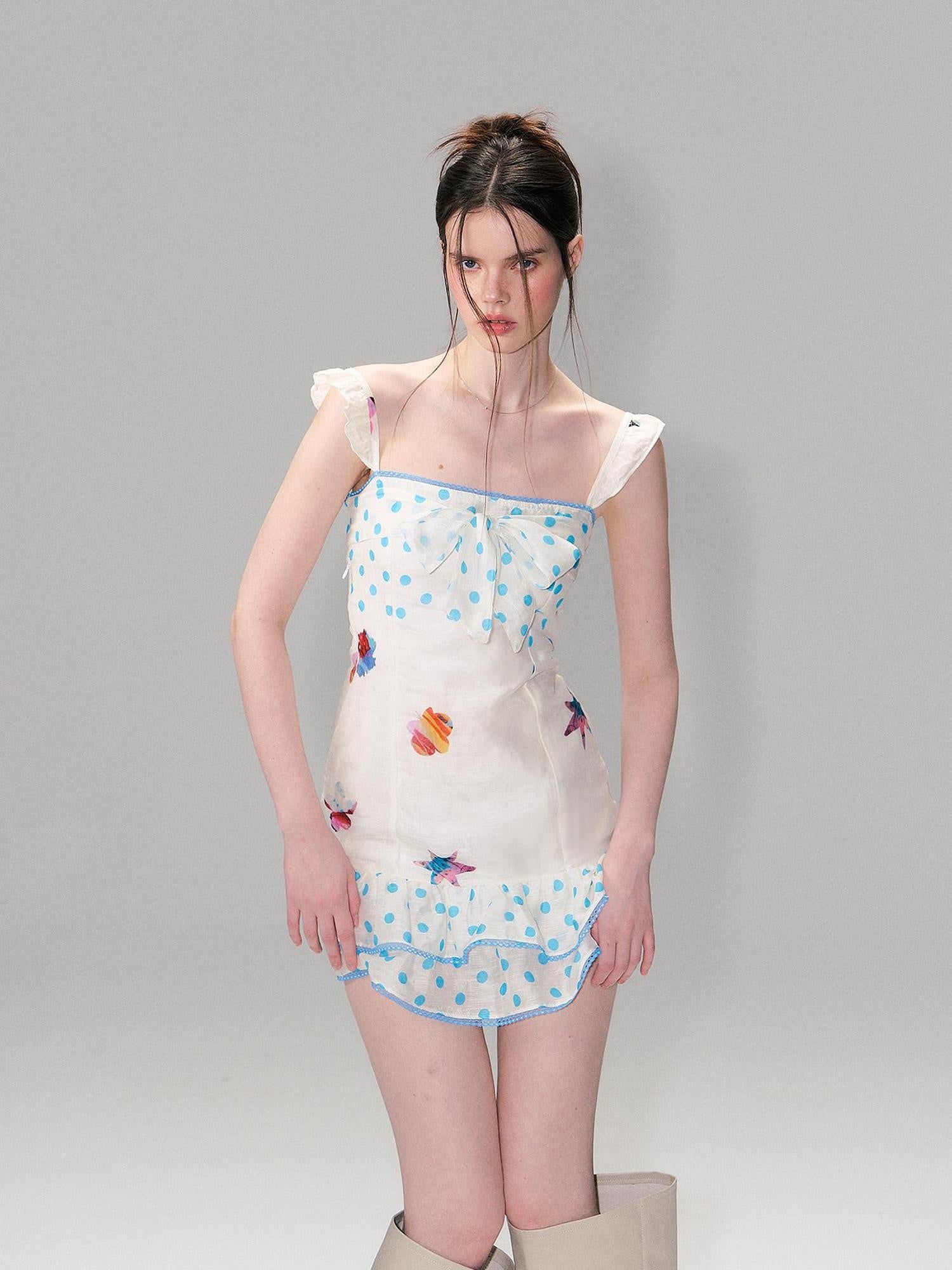 The NeverMore Linen Tie Waist Square Neck Aline Slim Ladies Printed Mini Dresses