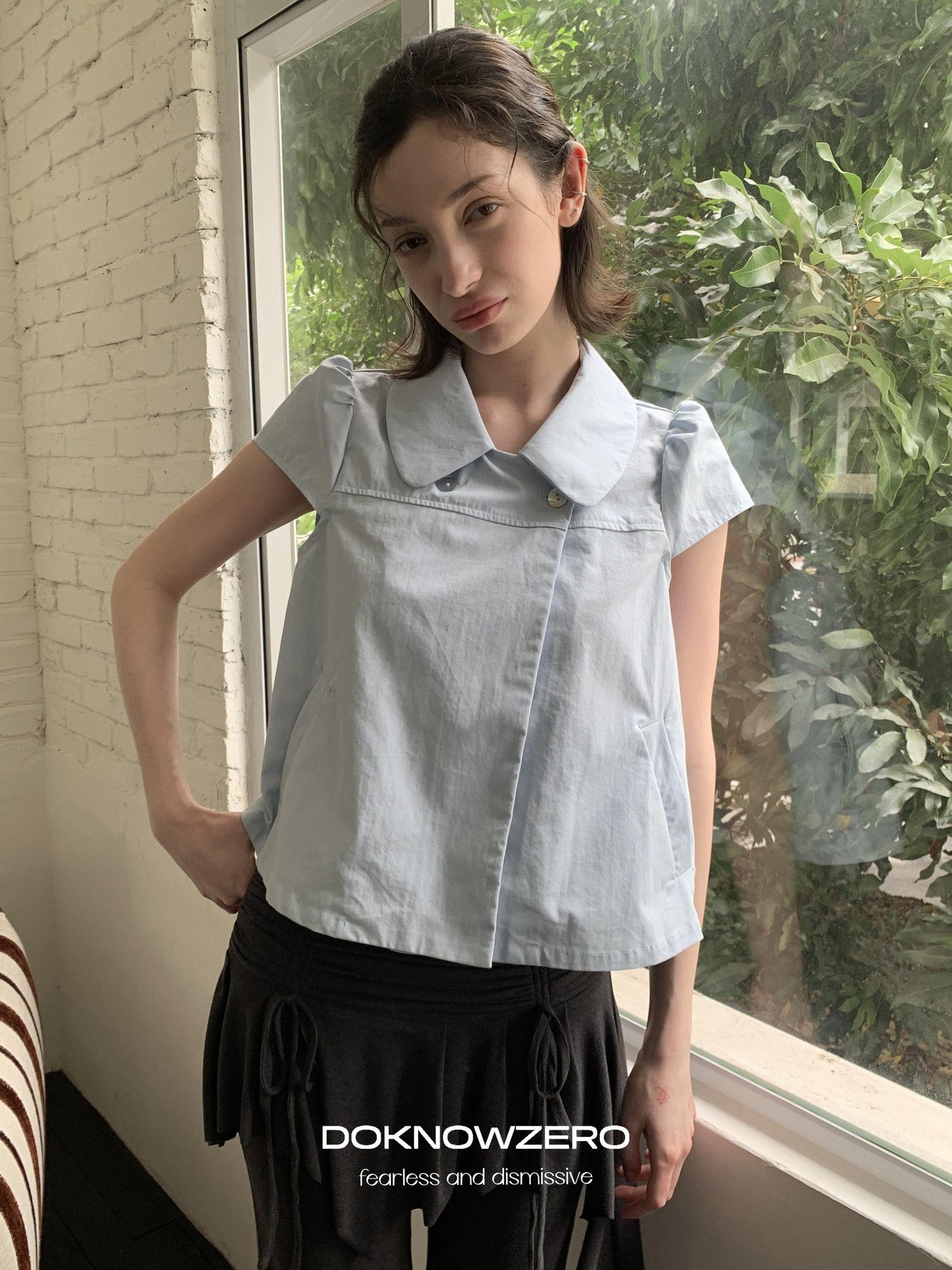 DKZ OFFICIAL Deep Blue Double Buttons Doll Collar Puff Sleeves Women&
