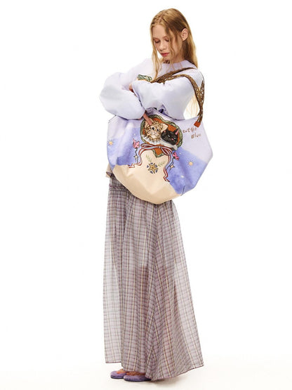 OuttheBlue Cute Cat Print Light Purple Roomy Square Double Strap Shoulder Women Tote Bags