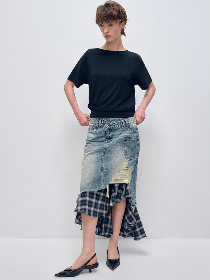 RUN TO THE FUTURE Vintage Patchwork Distressed Low Waist Slim A Line Denim Women Midi Skirts