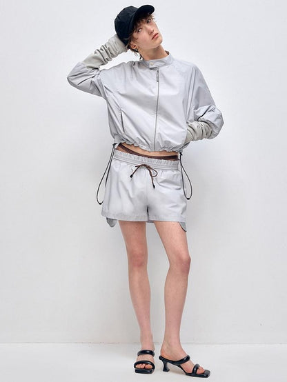 RUN TO THE FUTURE Pocketed Elastic Waist Vintage Wide Leg Loose Office Polyester Short Trousers