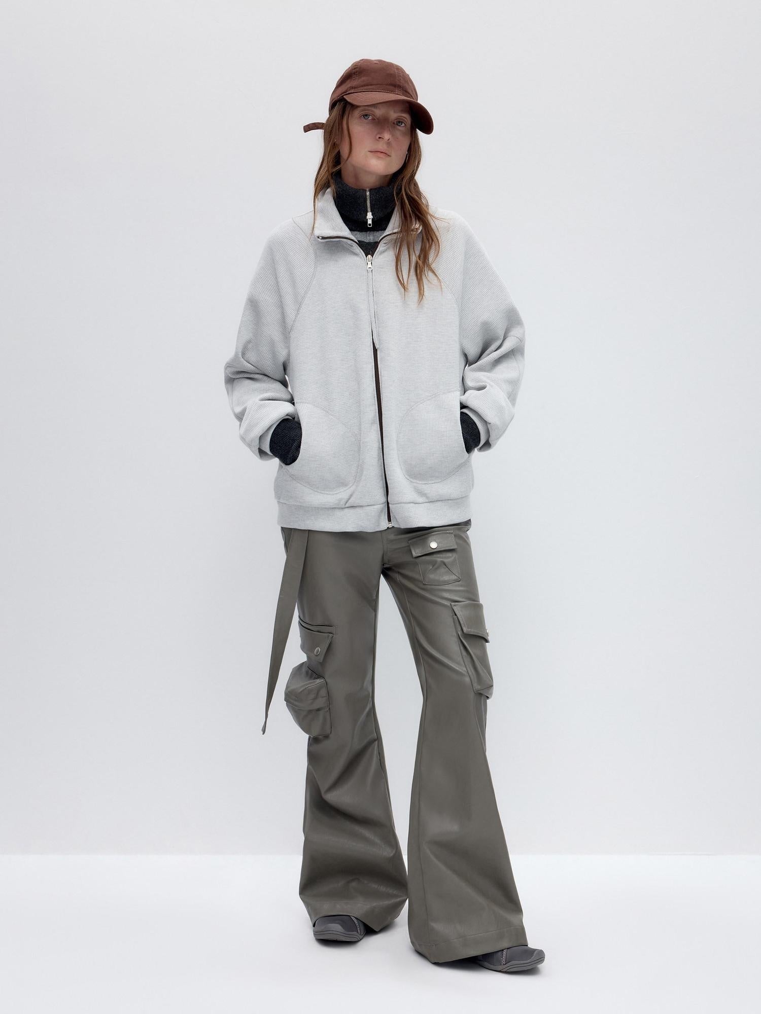RUN TO THE FUTURE Original Design Loose Zip Collar Light Gray Unisex Poly Cotton Sweatshirts