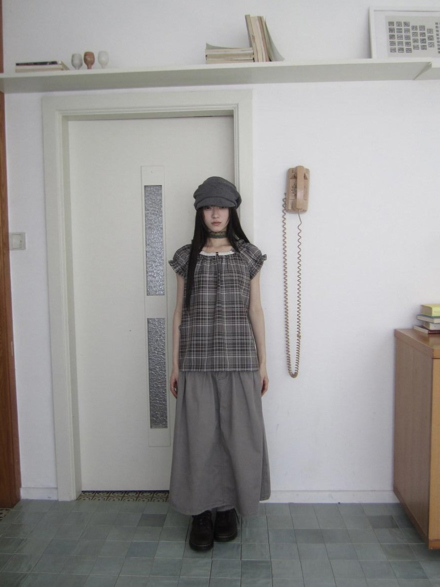 ang project Brown Plaid Patchwork Lace Trim Puff Sleeve Women&