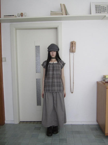 ang project Brown Plaid Patchwork Lace Trim Puff Sleeve Women&