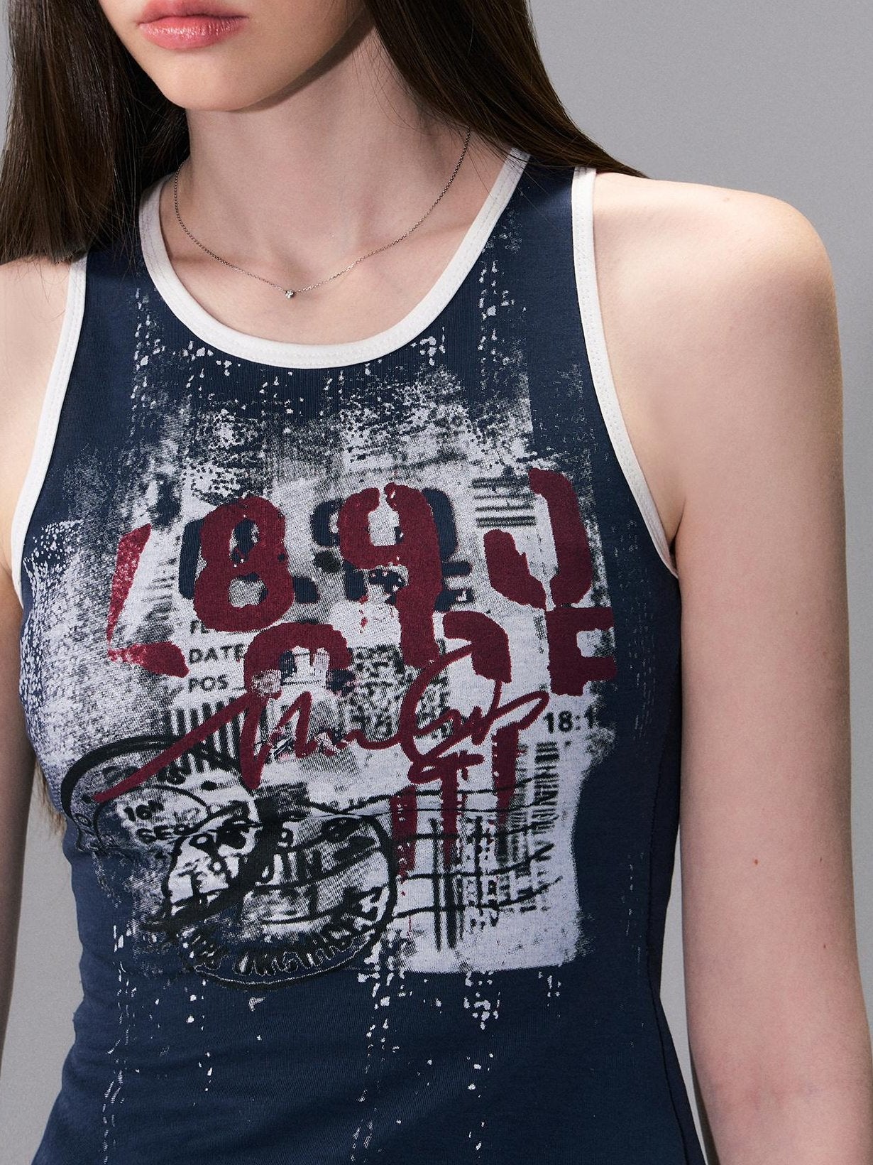 The NeverMore Soft Stretch Cotton Slim Fit Round Neck Printed Cropped Women Navy Camisoles