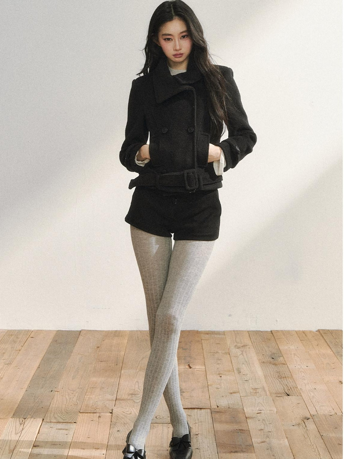 7Shiftin Detachable Wool Casual Cinched Waist Double Breasted Women Black Short Coat