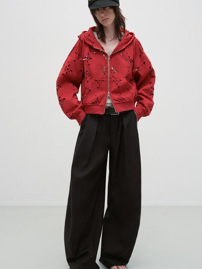 RUN TO THE FUTURE Pleated Minimalist Mid Rise Micro Stretch Casual Loose Fit Black Wide-Leg Pants