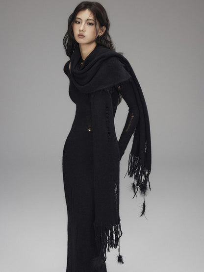 Low pixel Waist Defining Wool Knit Tassel Casual Long Sleeve Round Neck Black Maxi Dresses
