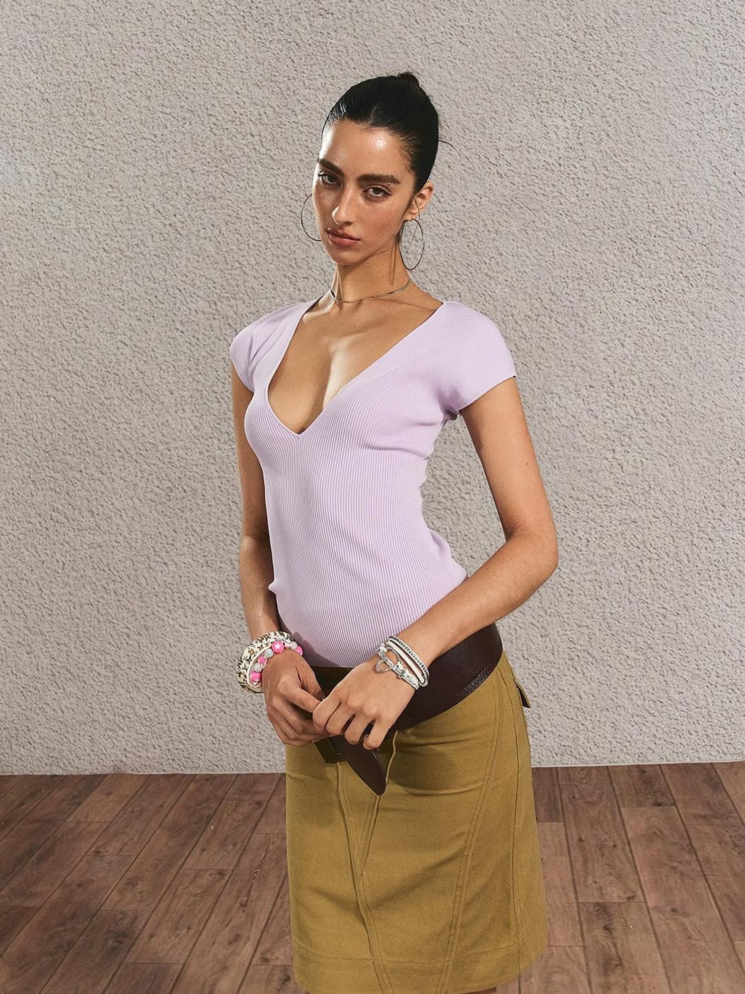 The NeverMore Soft Viscose Slim Fit Solid Short Sleeve Purple Women Tshirt Basic Crop Tops