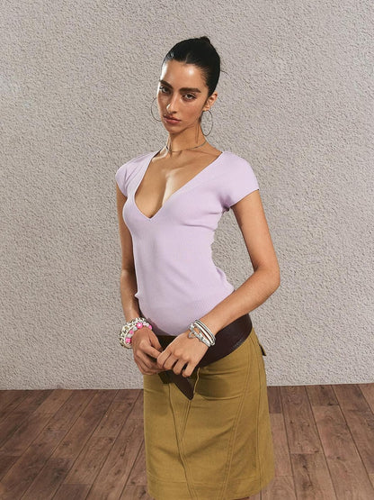 The NeverMore Soft Viscose Slim Fit Solid Short Sleeve Purple Women Tshirt Basic Crop Tops