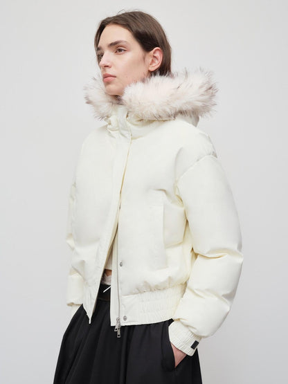 RUN TO THE FUTURE 90 Percent White Duck Down Short Straight Women Detachable Hood Fur Down Jackets