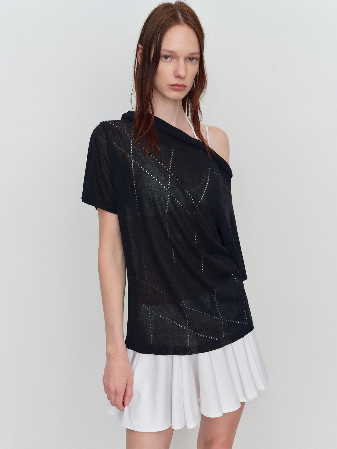 RUN TO THE FUTURE Viscose Knit Loose Cutout Slanted Neck Black Cross Print Short Sleeve T-Shirts