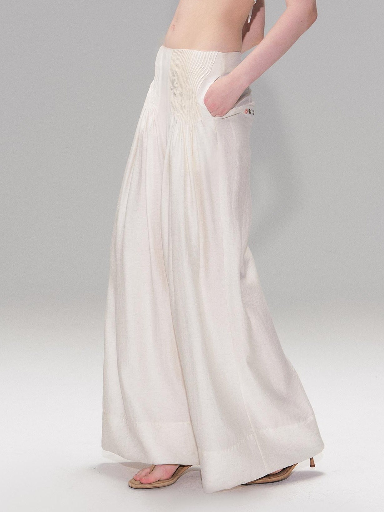 The NeverMore Lightweight Linen Blend Pleated Mid Waist Casual Women Off White Wide Leg Pants