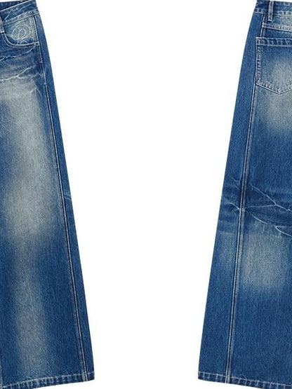 RUN TO THE FUTURE Vintage Blue Washed Mid Rise Cotton Zipper Women No Stretch Straight Jeans