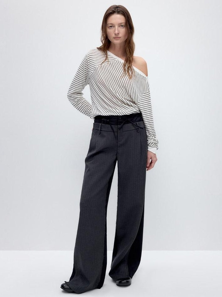 RUN TO THE FUTURE Double Waist Low Rise Pocketed Zipper Fly Women Black Gray Straight Pants
