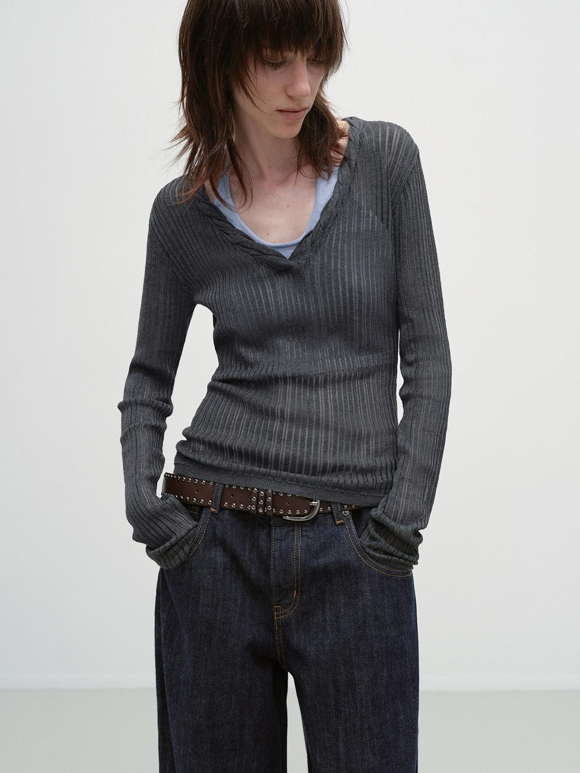 RUN TO THE FUTURE Antibacterial V-neck Slim Layered Knit Women Outdoor Gray Long Sleeve T-Shirts