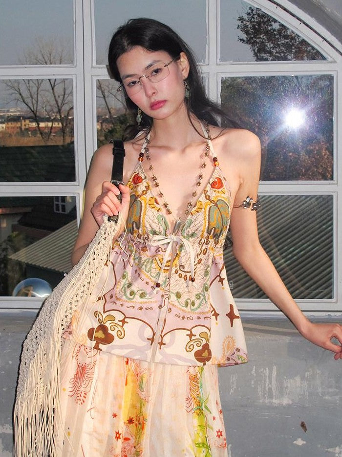 OfAkiva Bohemian Halter Tie Back Deep V Printed Slim Cropped Women&