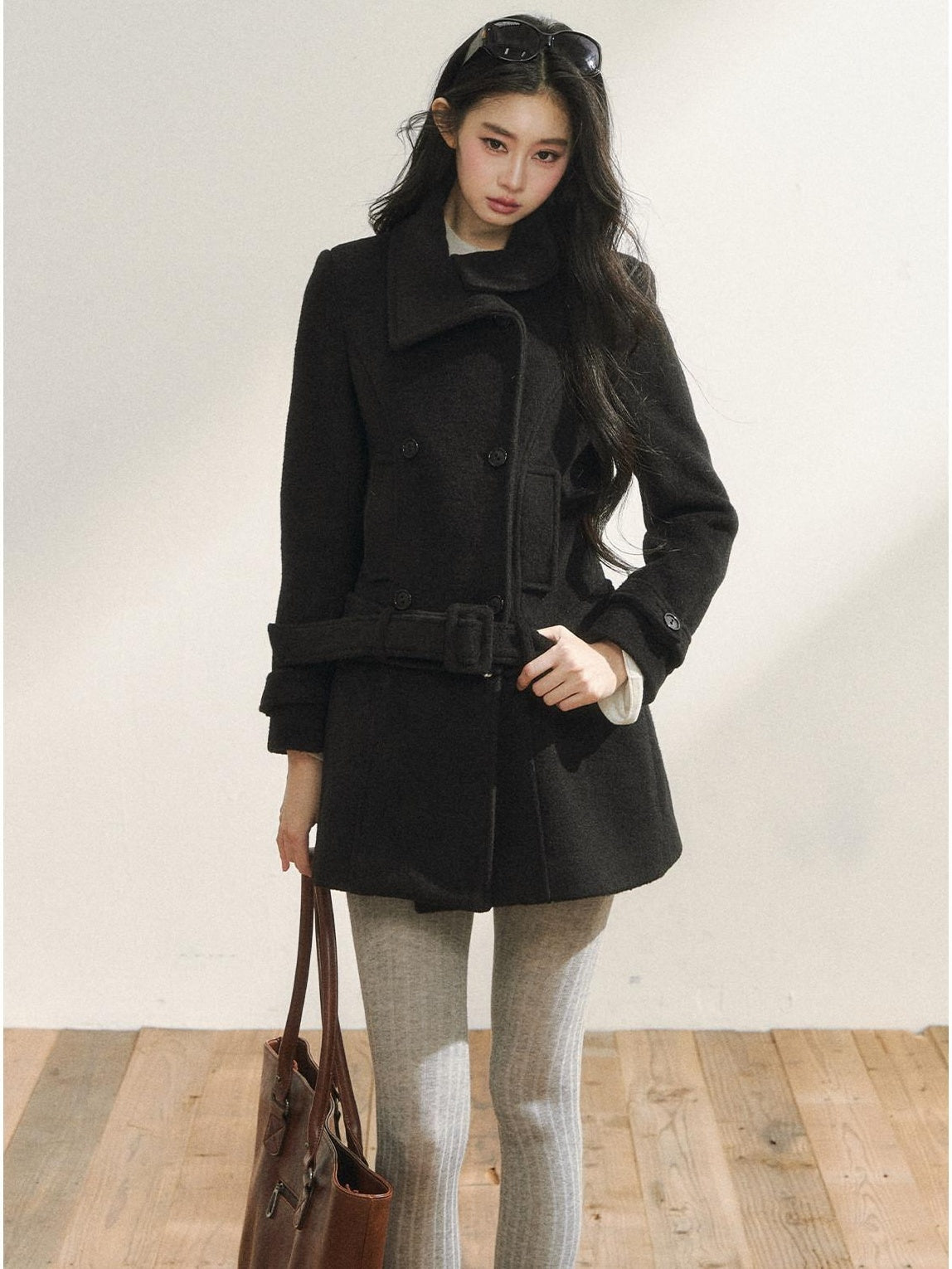 7Shiftin Detachable Wool Casual Cinched Waist Double Breasted Women Black Short Coat
