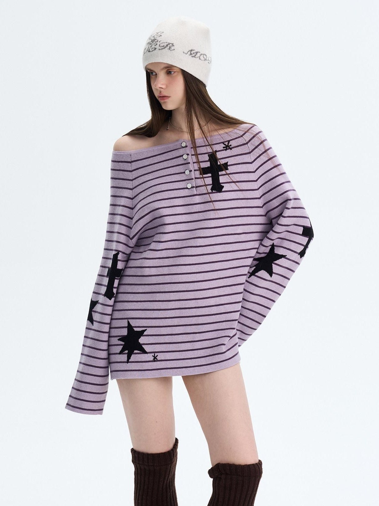 The NeverMore Sexy Colorblock Oversized Crewneck Short Striped Button Pullover Women Sweaters