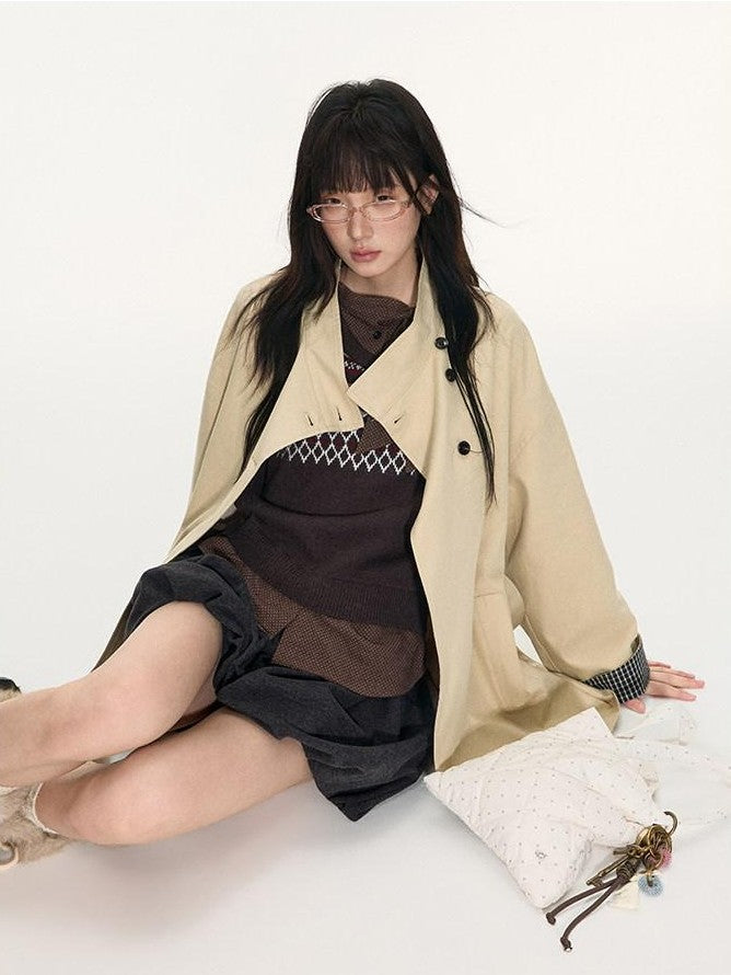 NAPSNAPS Bow Plaid Patchwork Tie Belt Stand Collar Midlength Women&