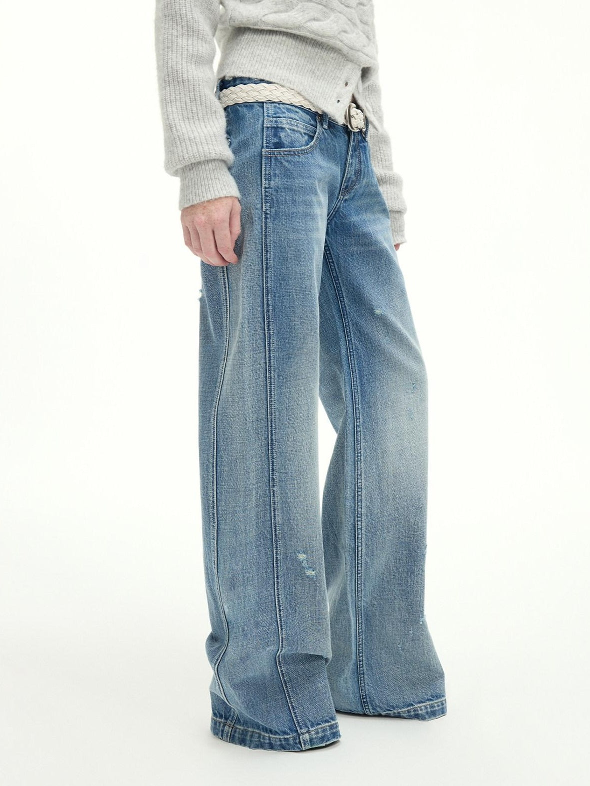 RUN TO THE FUTURE Vintage Washed Flared Cotton Natural Waist Women Blue Wide-Leg Jeans