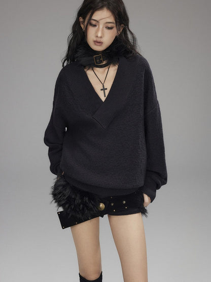 Low pixel Knitted Wool Blend Loose Street Style Women Two Piece Set Navy Mini Shorts