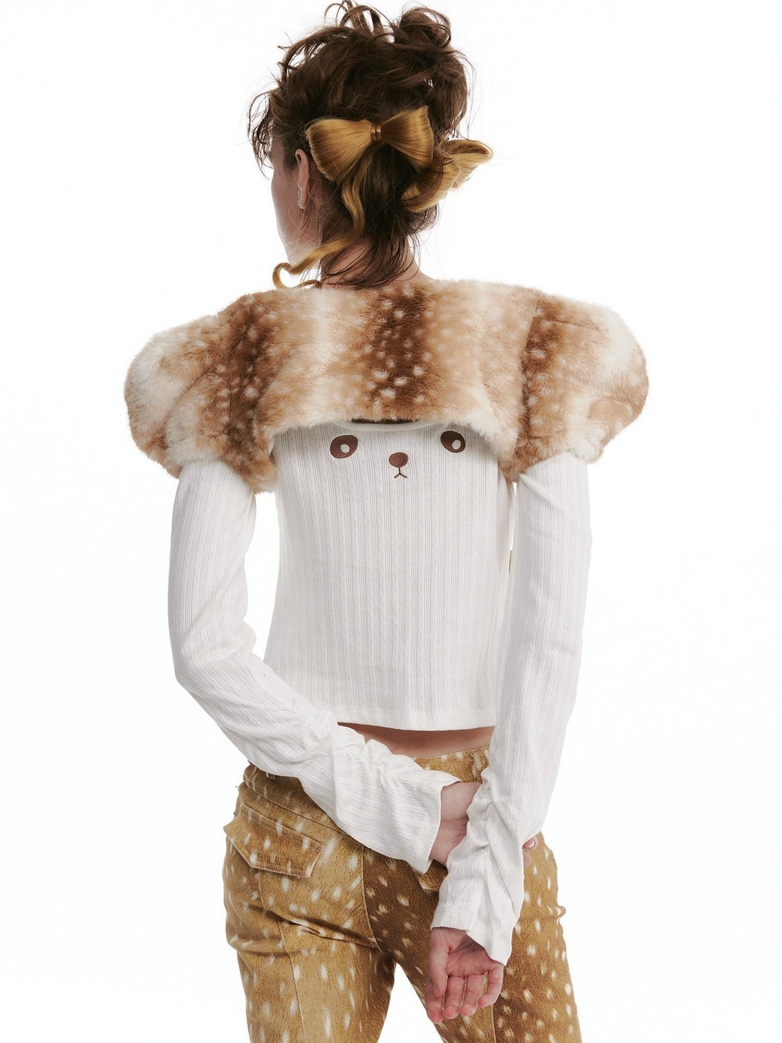 nit alcove Pure Cotton Long Sleeve Casual Cute Bear Women Off Shoulder Crop Tops