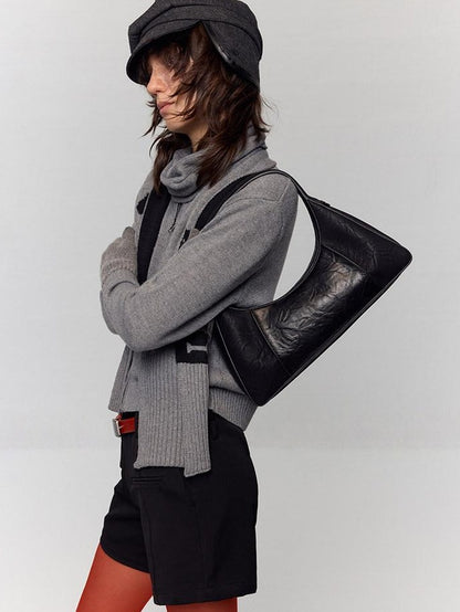 RUN TO THE FUTURE Waxed Leather Soft Handle Vintage Topstitch Medium Zipper Daily Handbags