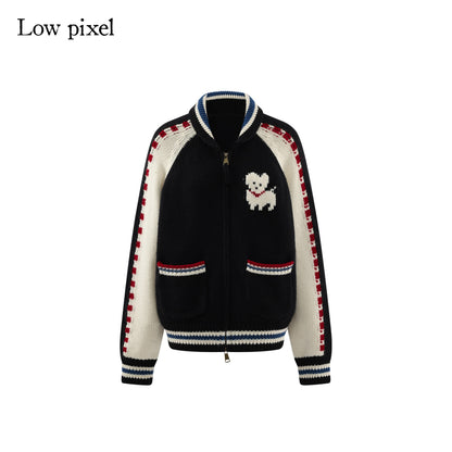 Low pixel Wool Blend Hooded Zip Colorblock Loose Casual Women Animal Print Cropped Jackets
