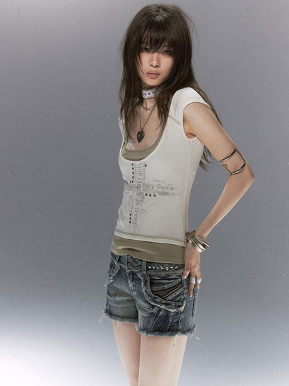 Cest Nous Colorblock Faux Layered Silver Foil Cross Graffiti Women&