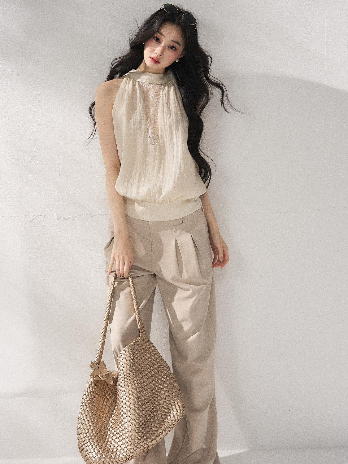 7Shiftin Soft Lyocell Loose Halter High Neck Short Beige Womens Off Shoulder Crop Tops