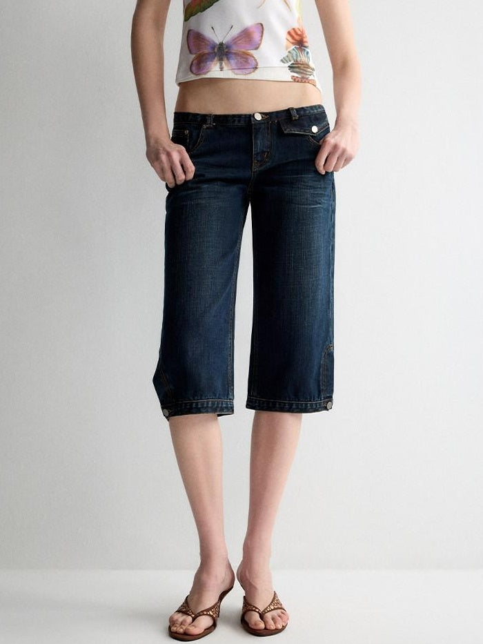 RUN TO THE FUTURE Durable Vintage Deep Blue Casual Low Rise Straight Fit Zipper Denim Shorts