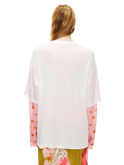 OuttheBlue Cat Garden Print Casual Loose Drop Shoulder Round Neck Long Sleeve T-Shirts