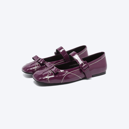RUN TO THE FUTURE Sheepskin Insole Vintage Square Toe One Strap Low Heel Rubber Sole Women Flats