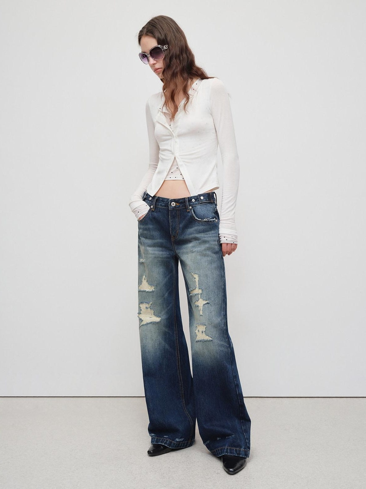 RUN TO THE FUTURE Vintage Distressed Low Rise Ripped Loose Fit Women Cotton Zipper Wide-Leg Jeans