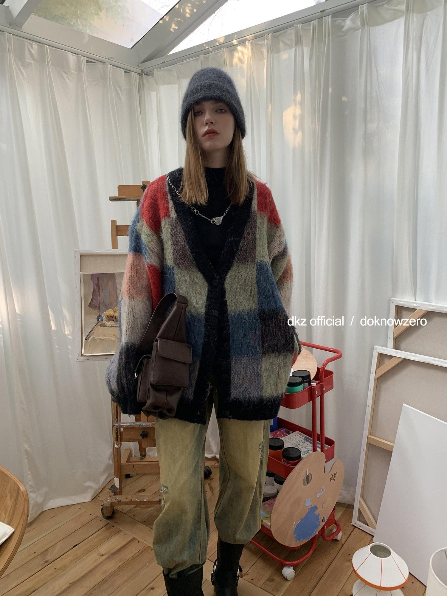 DKZ OFFICIAL Retro Colorful Plaid Knit Buttoned Loose Women&