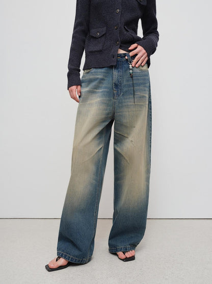 RUN TO THE FUTURE Durable Distressed Vintage Blue Low Rise Wide Leg Casual Denim Straight Jeans