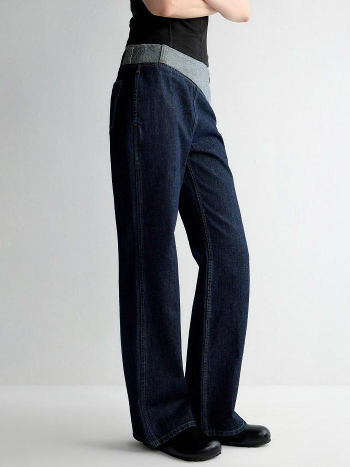 RUN TO THE FUTURE Durable Washed Denim Low Rise Loose Fit Casual Zip Fly Wide-Leg Jeans