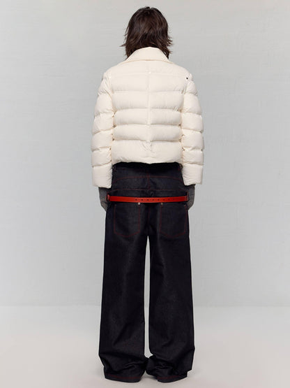 RUN TO THE FUTURE 90% White Duck Down Warm Short Straight Retro Cream Nylon Zipper Down Jackets