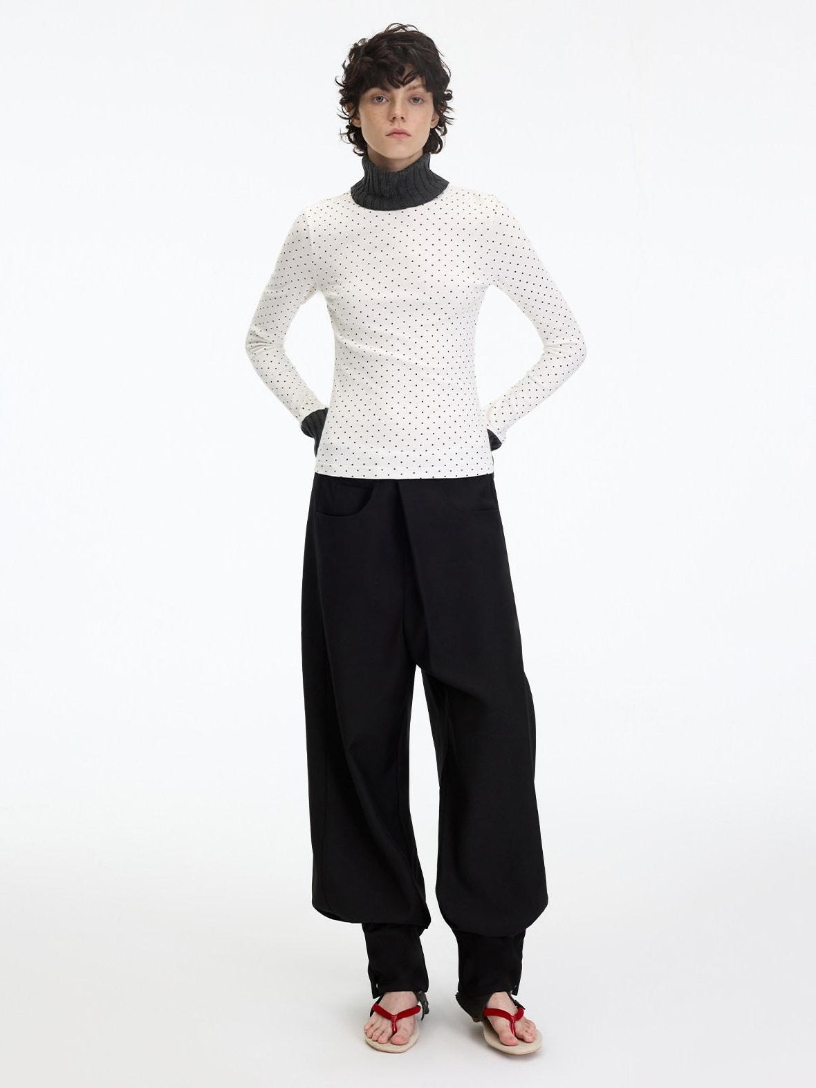 RUN TO THE FUTURE Polka Dot Patchwork High Neck Slim Fit Casual Women White Long Sleeve T-Shirts