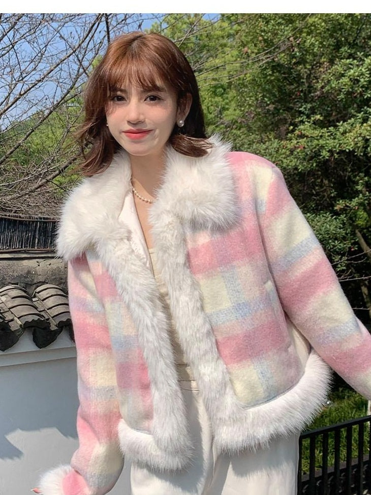 7Shiftin Pink Plaid Hidden Button Notch Lapel Preppy Youth Straight Fit Cropped Jackets