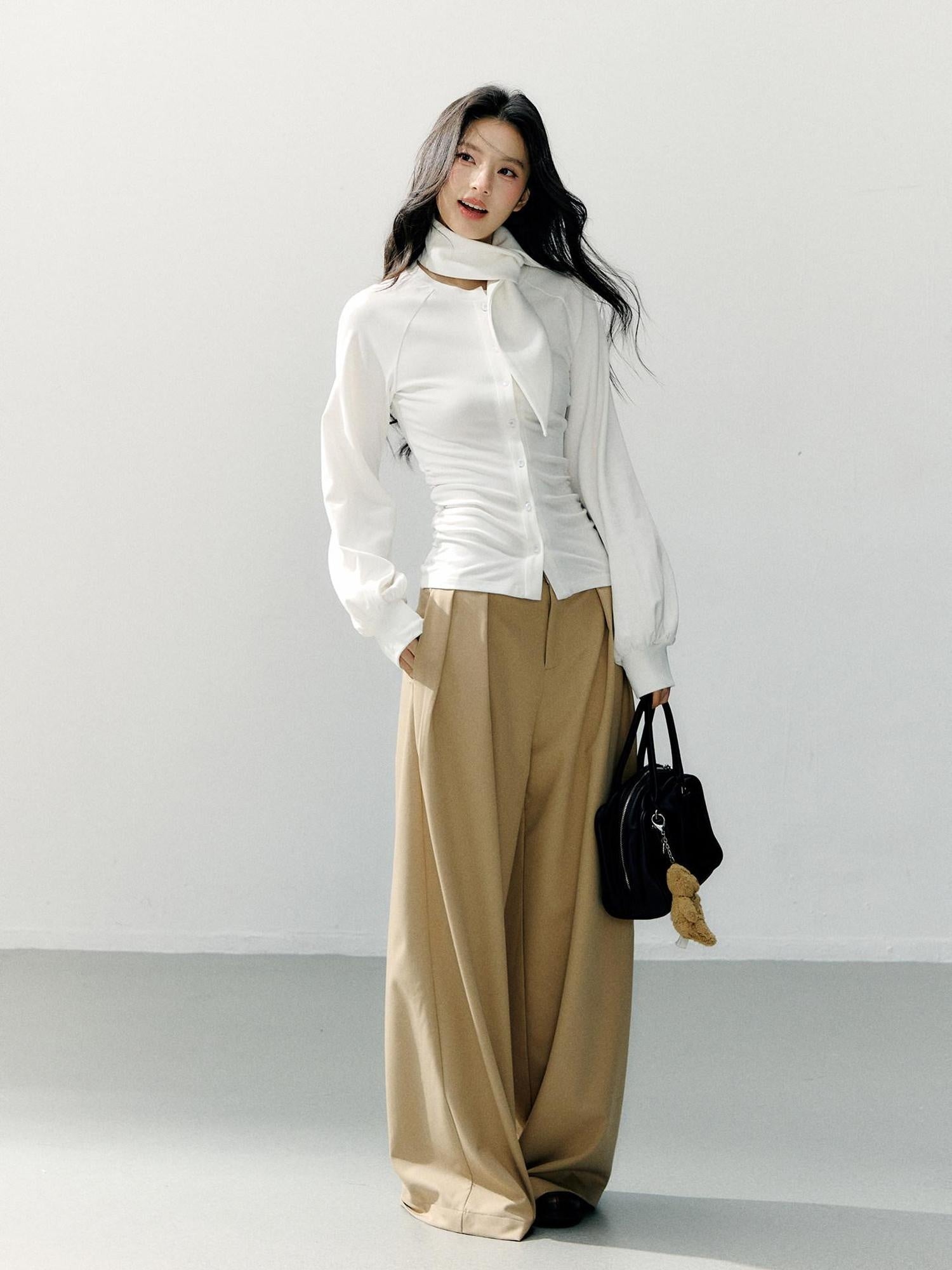 7Shiftin Detachable Lace Trim Natural Waist Casual Khaki Women Wide Leg Pants