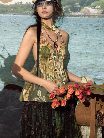 OfAkiva Bohemian Halter Tie Back Deep V Printed Slim Cropped Women&