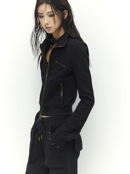 Low pixel Studded Slim Fit Zip Front Stand Collar Thick Cotton Black Top &amp; Pants Sets